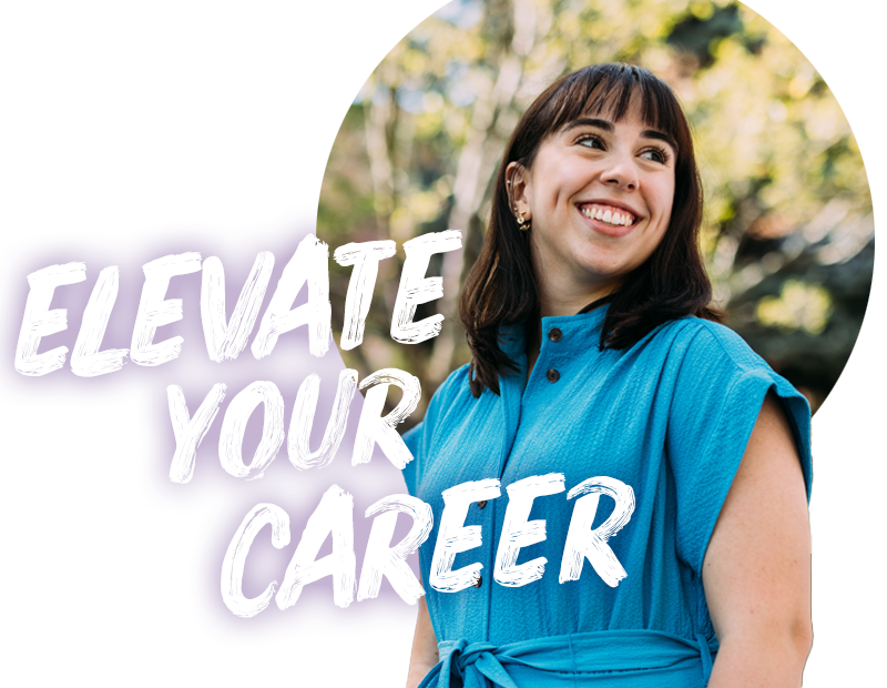 Text that says Elevate Your Career with female grad student