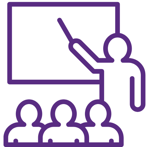 Teacher pointing at the chalkboard with three students icon