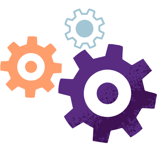 Three gears: orange, purple and blue
