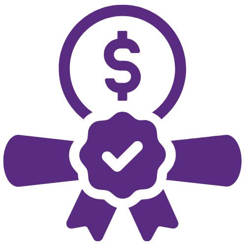 Purple circle with dollar sign in the middle under a rolled up diploma and and checkmark