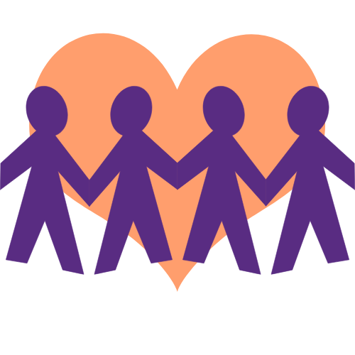 Orange heard in the background with purple people figures in front