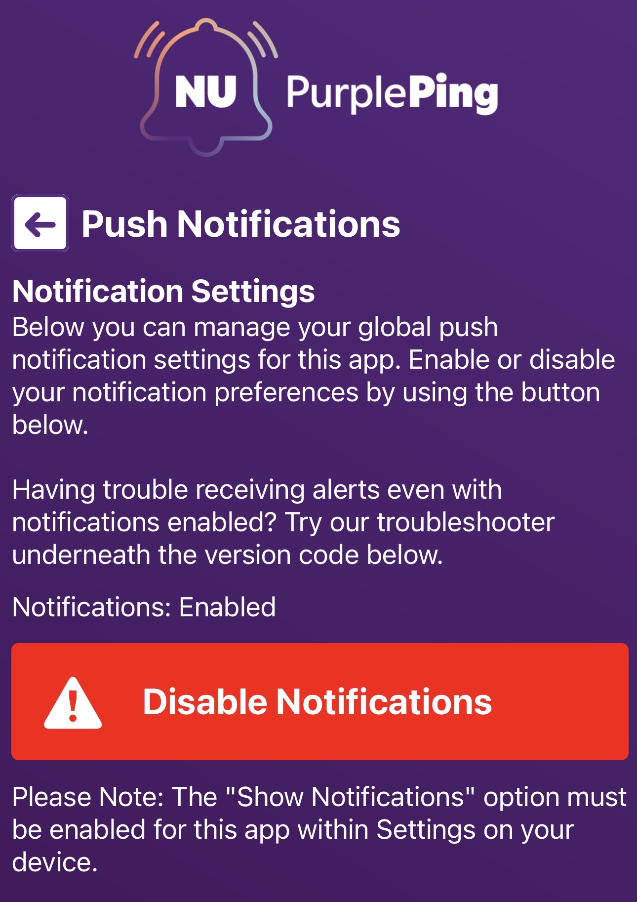 PurplePing Push Notifications Screen